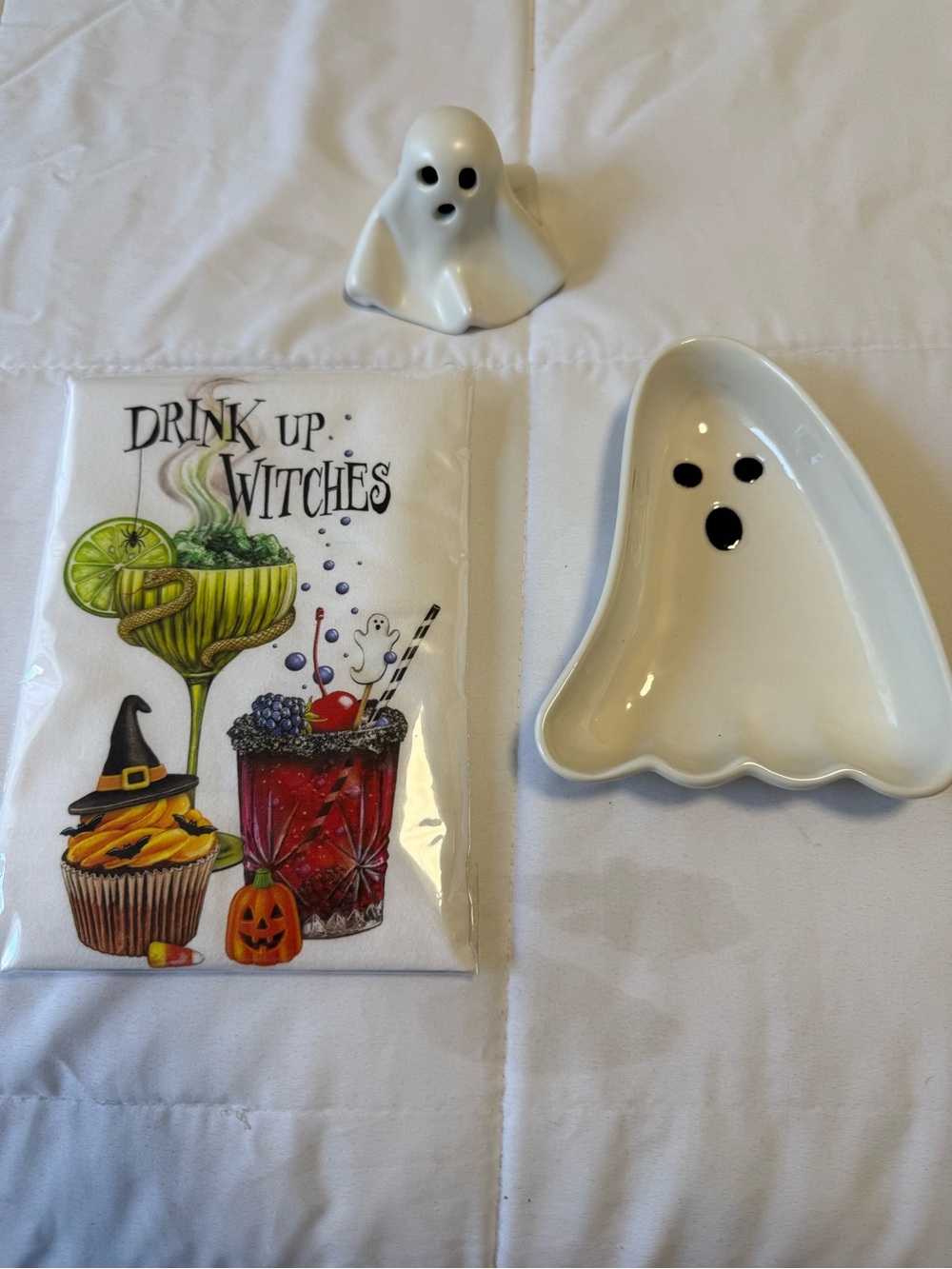 NWT- Ghost Ceramic Dish, ghost light & flour sak towel .